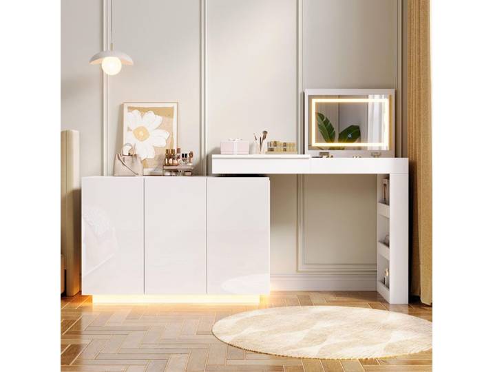 Coiffeuse tournante en forme de L-100×40×80cm- avec éclairage LED-design blanc brillant