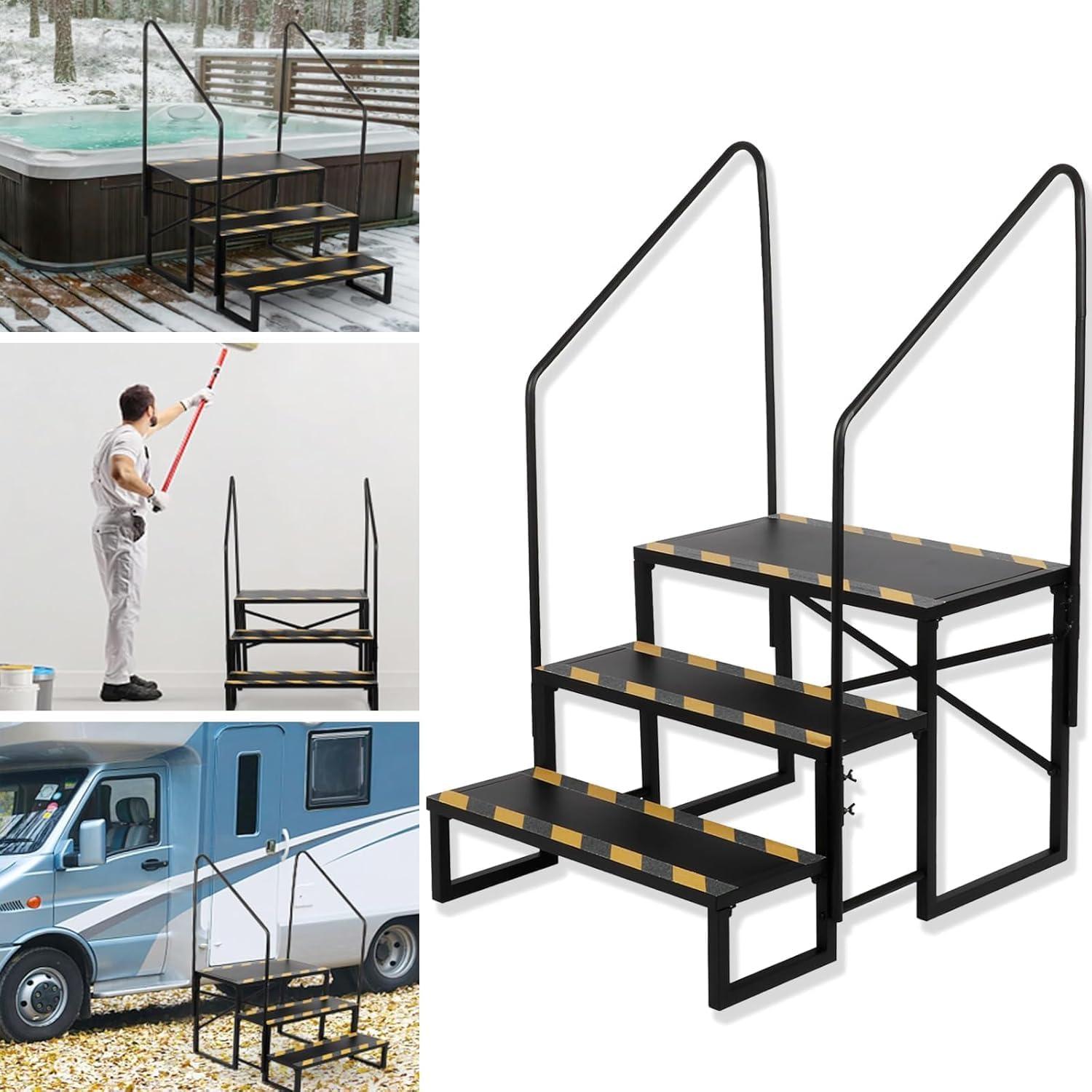 Campertrappe, 3 Stufen, für Wohnmobile, Tragfähigkeit 200 kg, geeignet für Wohnwagen und Camping, mit 2 Geländern, rutschfester Trittstufe, Wohnmobil-Stufen, Anhänger
