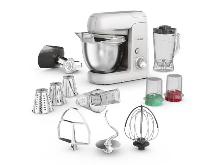 Tefal Bake Partner Küchenmaschine, leistungsstarke 1100 W, inkl. Standmixeraufsatz + Back-Kit, Abschaltautomatik bei Anheben des Armes, planetarisches Rührsystem, 4,6-l-Schüssel, Silber, QB525B38