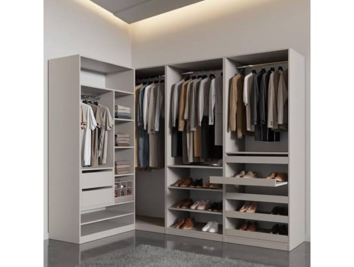 MARMEX Möbel Ankleidezimmer Kleiderschrank Set 32C – modulares Schranksystem mit Kleiderstangen, Schubladen und ausziehbare Schuhablagen – Eckschrank oder gerade Schrankwand – 345×206×51cm Cashmere
