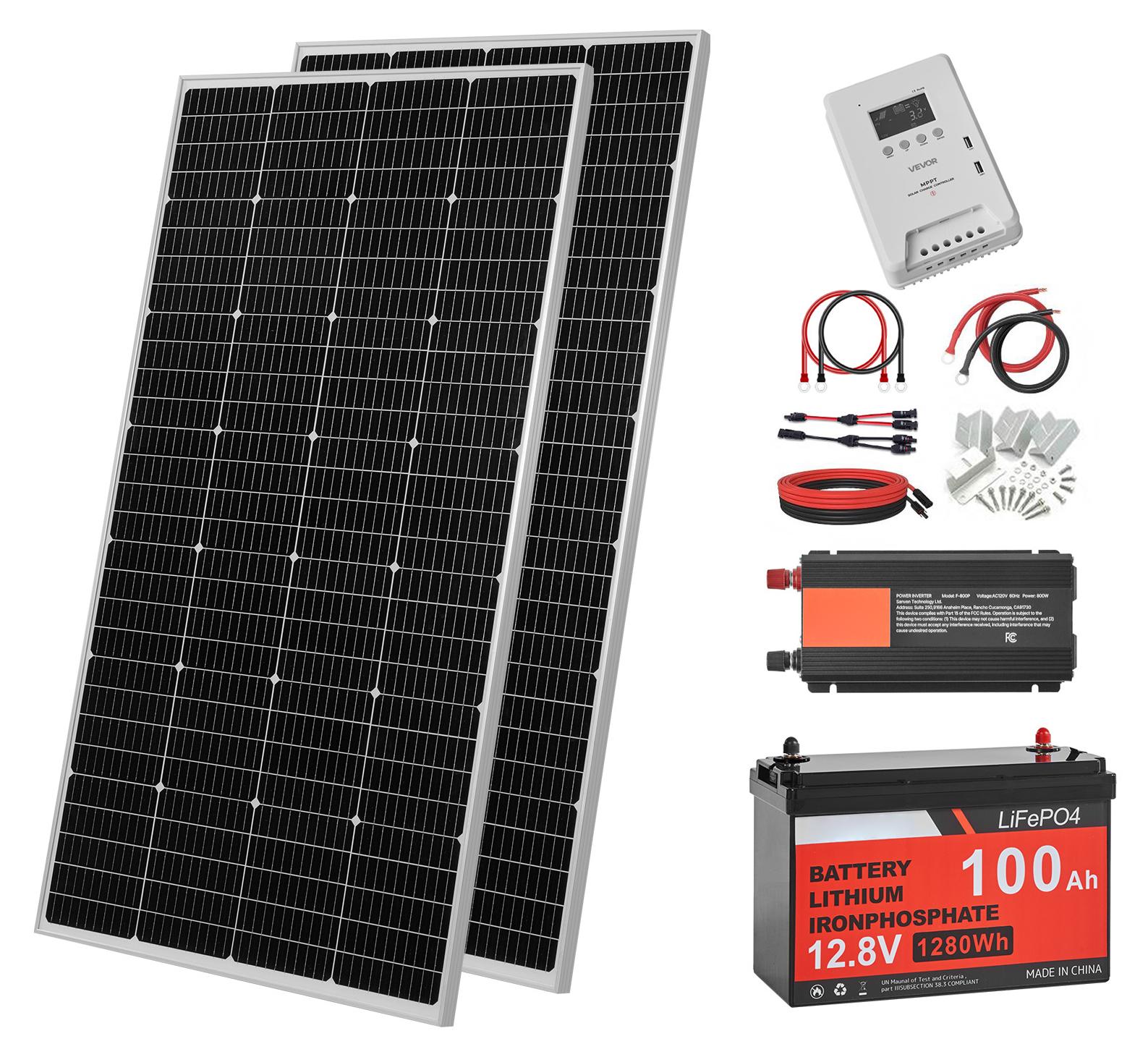 SucceBuy 400W Solaranlage Komplettset, Inselanlage mit 2x 200W Mono-Solarpanelen, 12,8V 100Ah LiFePO4 Akku, 40A MPPT Laderegler & 12V 1000W Wechselrichter, Photovoltaiksystem für Zuhause