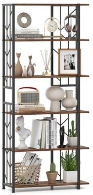 Costway 6-Tier Bookshelf Modern Geometric Bookcase with Heavy-duty Metal Frame and Anti-tipping Kits-Rustic Brown