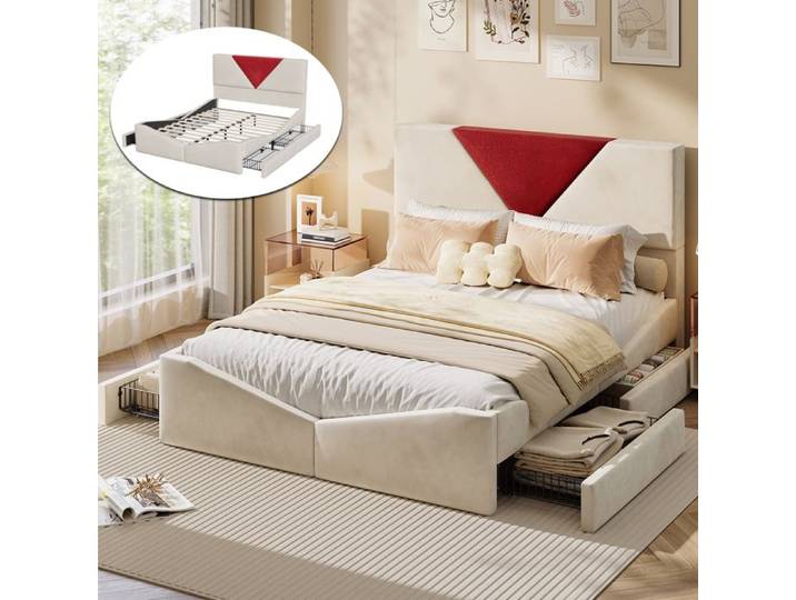 Lit double - LUMINARIX - LUMINARIX - 4 tiroirs - Tissu velours beige - 140x200 cm