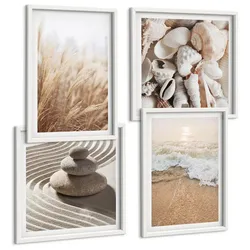 BILDER SET 4er Set - 50x50 cm & 40x60 cm Weißer Rahmen - Strandmotive, Muscheln, Wellen