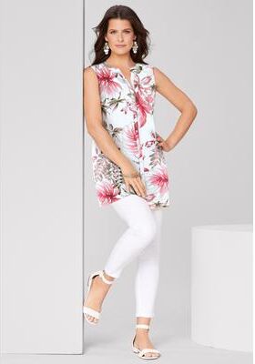 Plus Size Women's Sleeveless Floral Big Shirt by Roaman's in White Coral Tropical (Size 14 W) Long Shirt Blouse