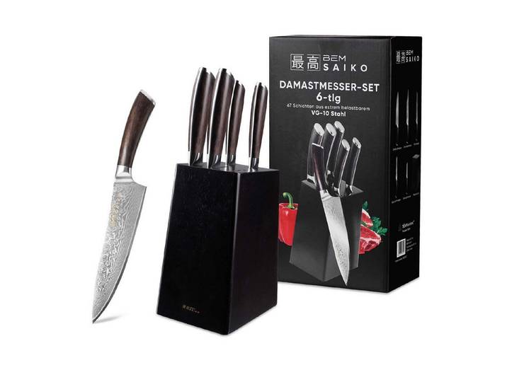 BEM Messerblock Saiko Damastmesser Japanisches Küchenmesser Set (6tlg), Klingen aus 67-lagigem VG-10 Damaszener Stahl inkl. Messerblock