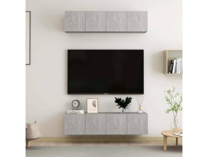 HEFZGDB TV-Schrank Set 4 STK. Betongrau 60x30x30 cm Holzwerkstoff Wandmontage mit Staufächern für Aufbewahrung und Wohnzimmer Einrichtung