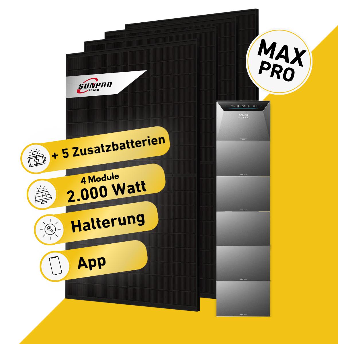 Balkonstrom Balkonkraftwerk 2000W Solaranlage mit Speicher | 5xZusatzspeicher | 4xSolarmodul Bifazial | Anker Solix 4 Pro | Kabel 3m