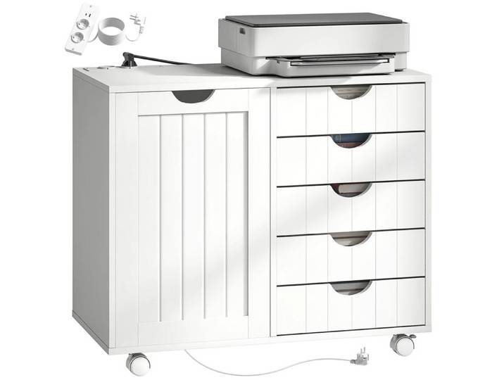 Meuble pour imprimante avec station de charge et 5 tiroirs ports USB étagère réglable roues blanc