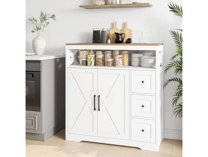 Buffet Meuble de Rangement avec Tiroir Meuble de Cuisine Style Campagne pour Salon cuisine Blanc Rustique et Marron