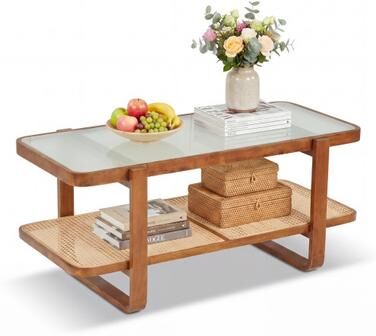 Costway Rattan Coffee Table with Tempered Glass Top and Storage Shelf-Walnut
