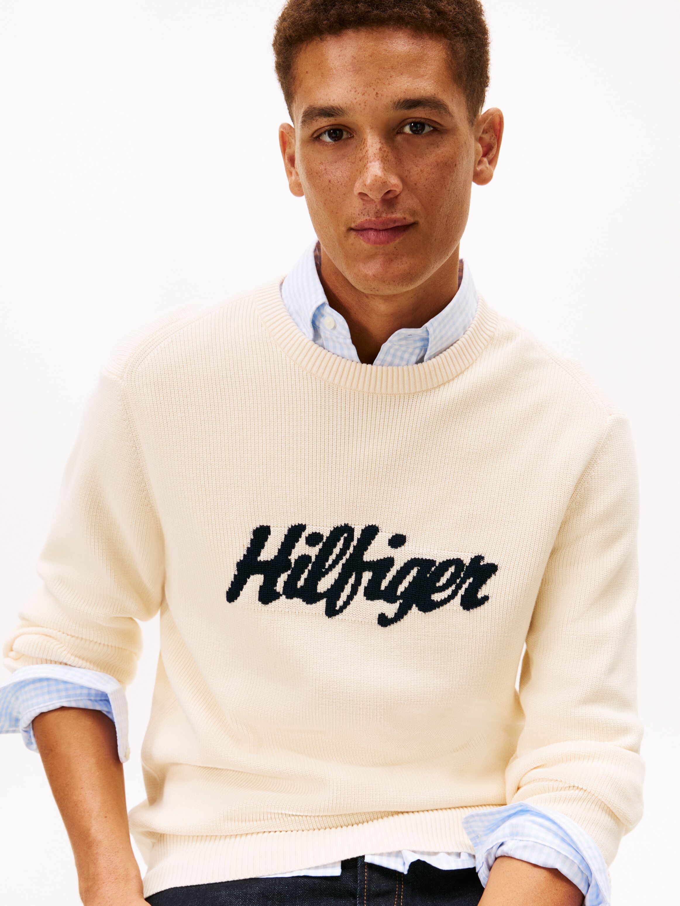 Rundhalspullover TOMMY HILFIGER "SEASONAL GRAPHIC COTTON", Herren, Gr. L, beige (calico), Strick, Obermaterial: 100% Baumwolle, normal normal, Rundhals, Rippbündchen, Pullover Rundhalspullover calico L