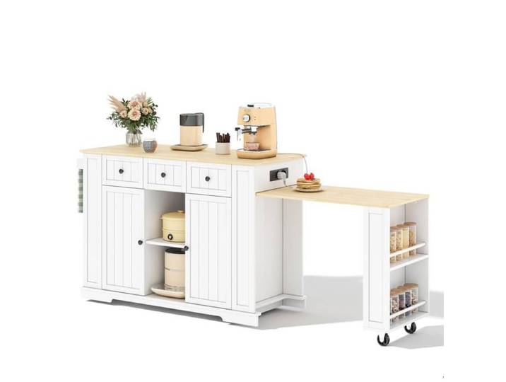Îlot central de cuisine mobile avec table escamotable – Blanc et naturel – MDF