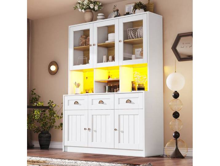 ELVORIN Buffet haut LED 140x40x175 cm MDF portes acryliques poignées métal style rétro blanc
