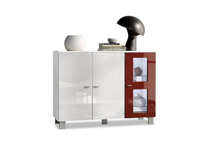 Vladon Sideboard Denjo (Kommode, mit 3 Türen), Weiß matt&glänzend/Bordeaux glänzend mit Beleuchtung (107x81x35 cm)