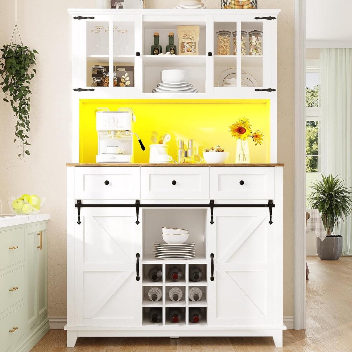 Wit Keukenbuffet met LED-verlichting en glazen deuren, B/D/H: 180 x 105 cm
