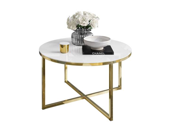 Lookway Couchtisch Ciri-X Glass mit vergoldeter Basis, Goldfarben, Weiß, Glas, Rund, 70x44.4x70 cm, Wohnzimmer, Wohnzimmertische, Couchtische