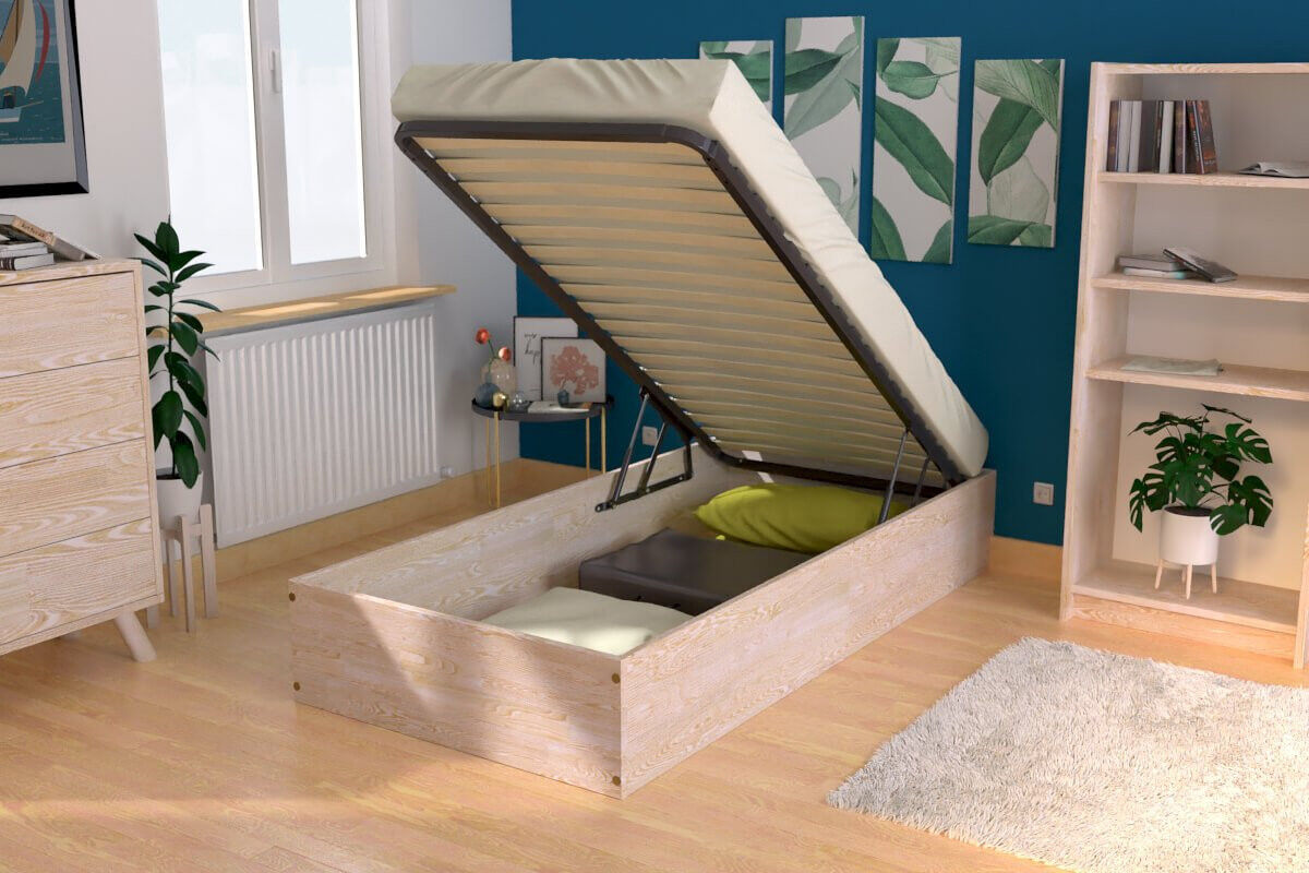 ABC MEUBLES Bettkasten 90x190 - 1 Platz aus Massivholz - Roh (ohne Lack)