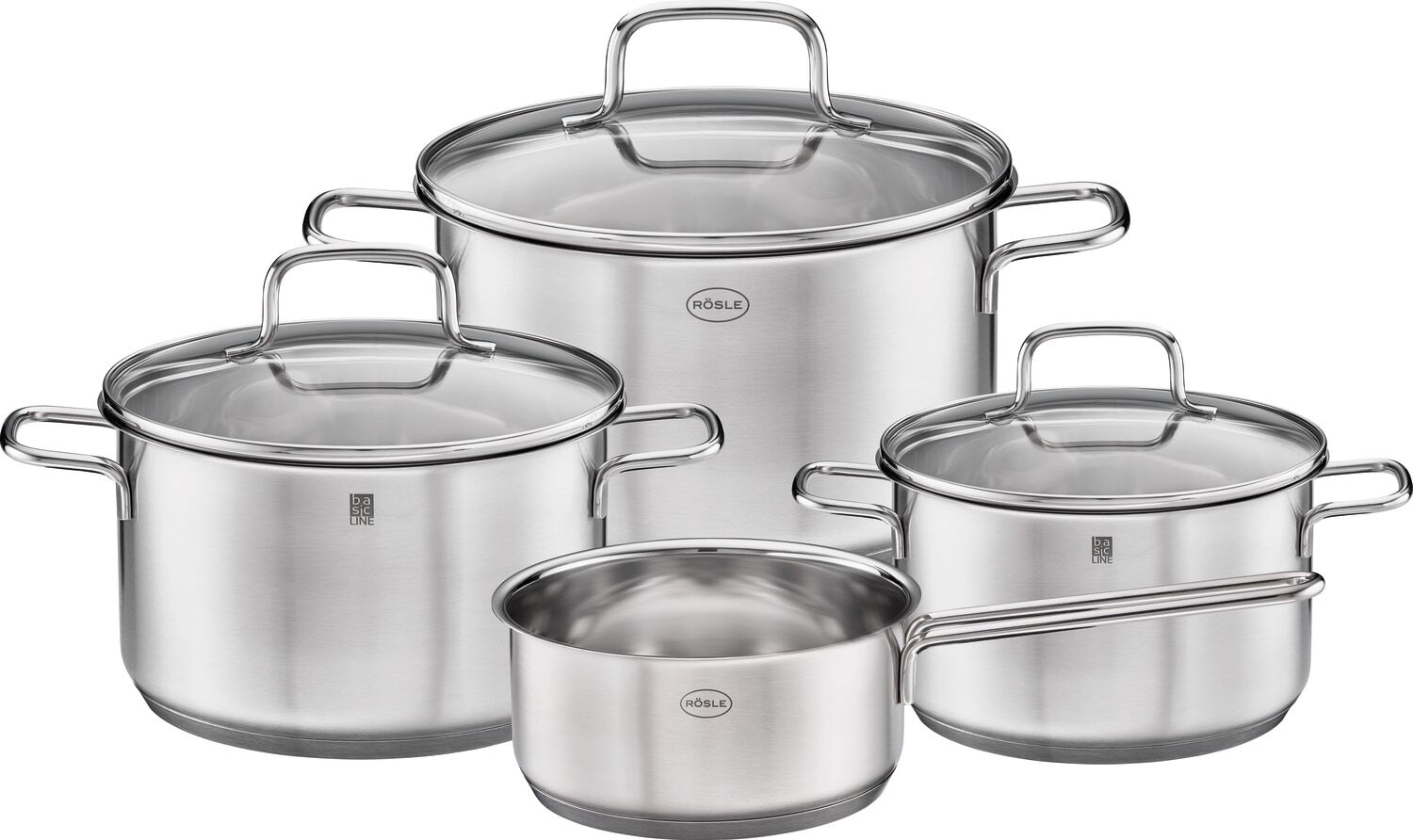 Topf-Set RÖSLE "Basic Line", silber (silberfarben), Töpfe, Topf-Set, Universaltöpfe mit Schüttrand und Glasdeckel, Induktion