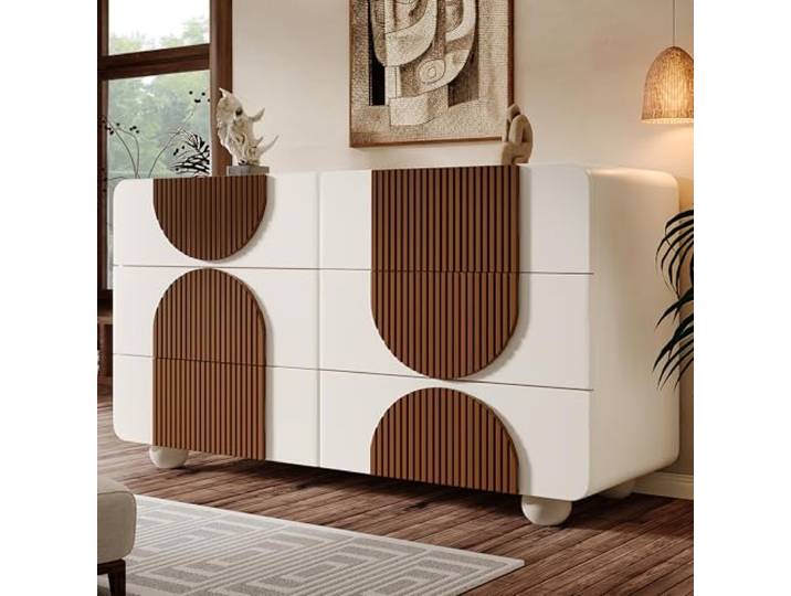 BTM Kommode mit 6 Schubladen & geschwungenem Design, Elegantes Sideboard in Weiß mit schokoladenfarbenen Holzleisten, Leise Schiebe-Schubladen & Kippsicherung, 121x71x41 cm (B/H/T)
