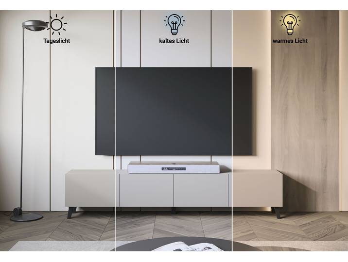 Lowboard HOME AFFAIRE LOWBOARD PHUKET II, TV-Kommode Breite 190cm , beige (kashmir), B:190cm H:40cm T:32cm, Sideboards, Lowboard, Modernes, griffloses Design mit 4 Klappen in eleganten, matten Farben