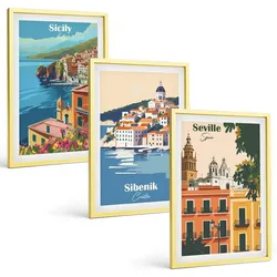 BILDER SET 3er Set - 40x60 cm Goldrahmen - Stadtlandschaften mit Gebäuden