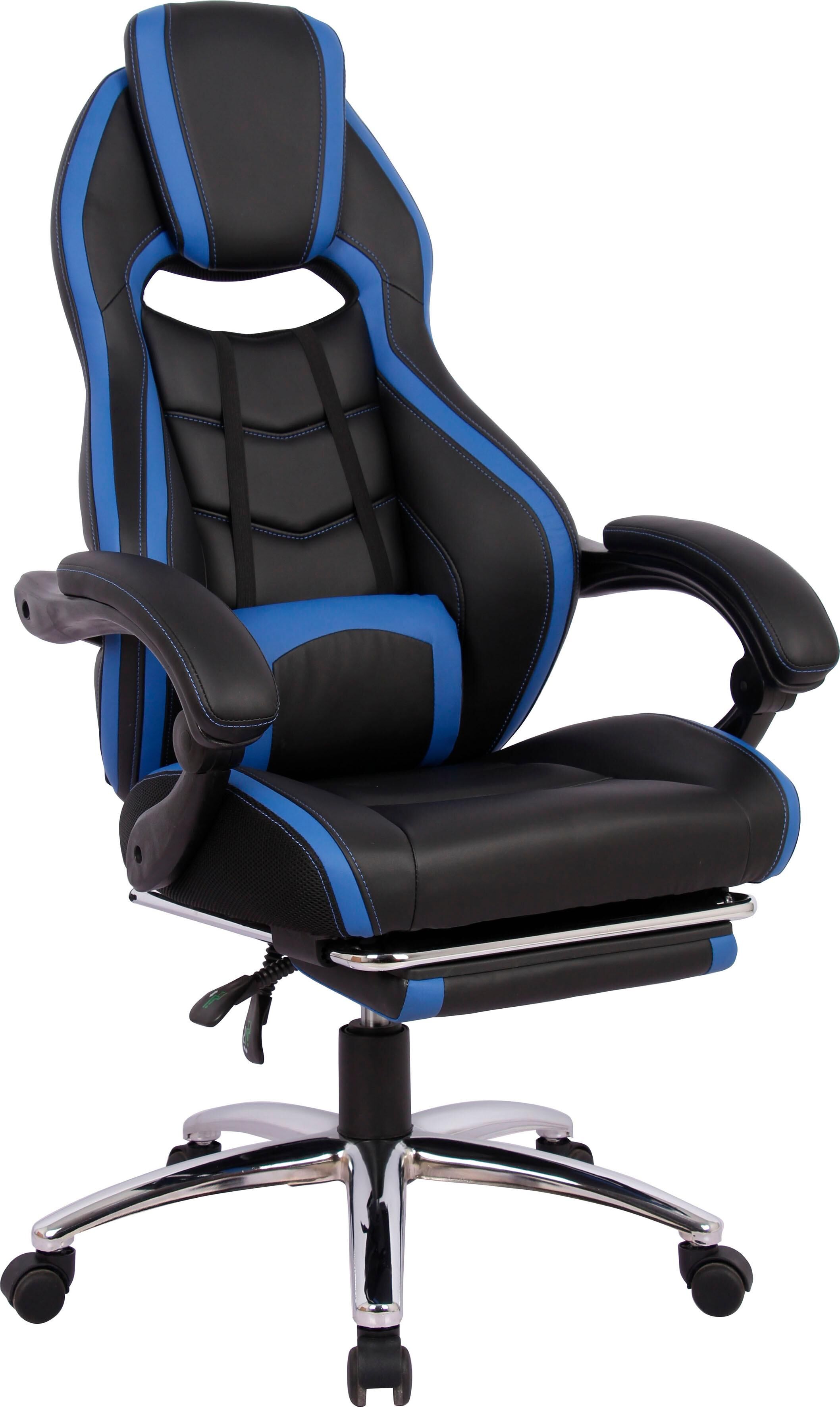 Gaming-Stuhl GOODPRODUCT "Sprinta 1, Chefsessel mit ausziehbarer Fussstütze", schwarz (schwarz, blau), B:71cm H:120cm T:69cm, Stühle, Gaming-Stuhl, komfortabel gepolstert mit vielen ergonomischen Funktionen schwarz, blau B/H/T: 71cm x 120cm x 69cm, Kunstl