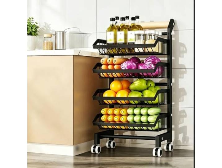 Dexinhdh Servierwagen, Gemüseregal mit Rollen Vorratskammer-Organizer für Lebensmittel, Snacks, Zwiebeln und Kartoffeln(Black,4-Tier)