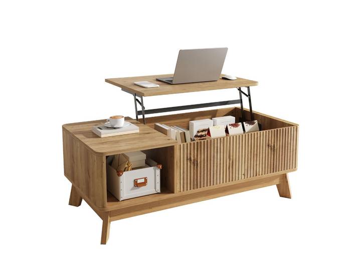ComfortXL Couchtisch De-37056 höhenverstellbar mit Wellenoptik Natur, Naturfarben, 48x50x95 cm, Wohnzimmer, Wohnzimmertische, Couchtische