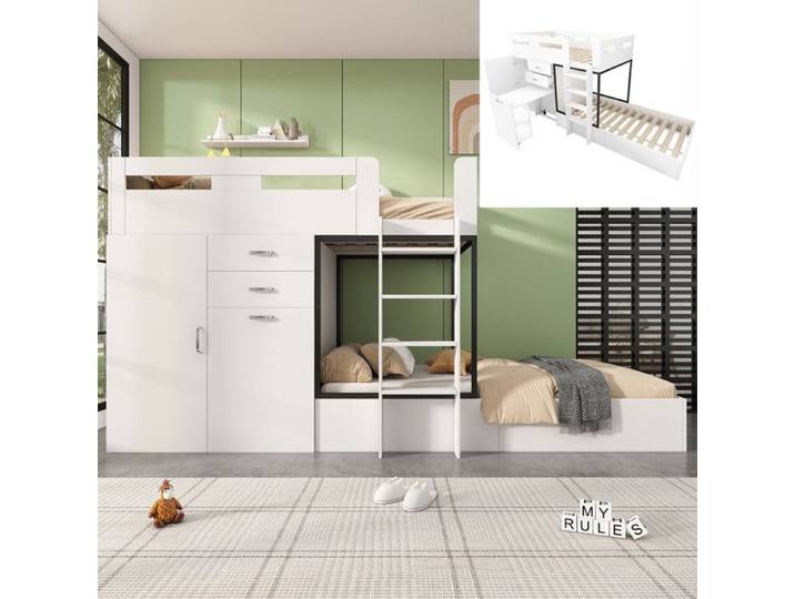 Lit superposé multifonction - 90x200cm - Bureau coulissant - Rangements intégrés - Blanc moderne