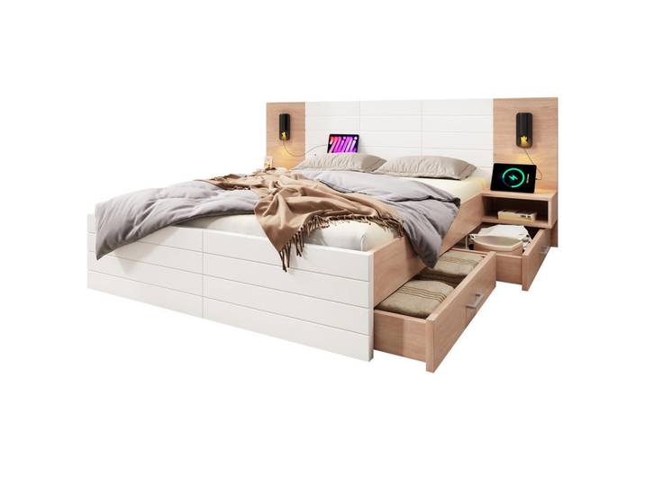Flieks Doppelbett 180x200cm Holzbett Leselicht USB-Ladung 2 Schubladen Eiche-Weiß, 180x200 cm, Schlafzimmer, Betten