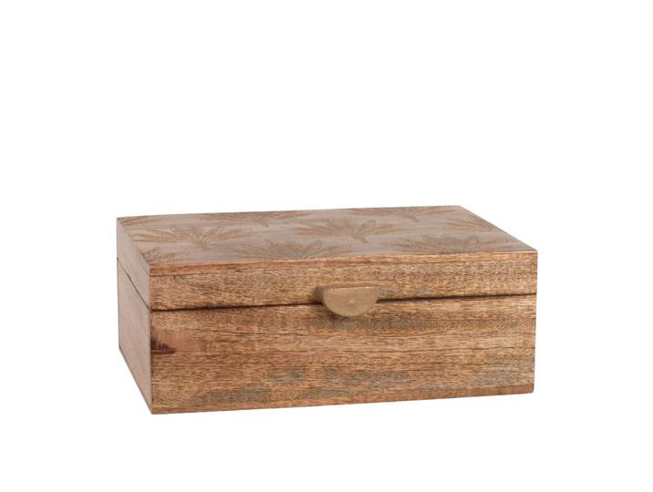 Dekorative Dose aus Mangoholz mit eingravierten goldenen Palmenblättern