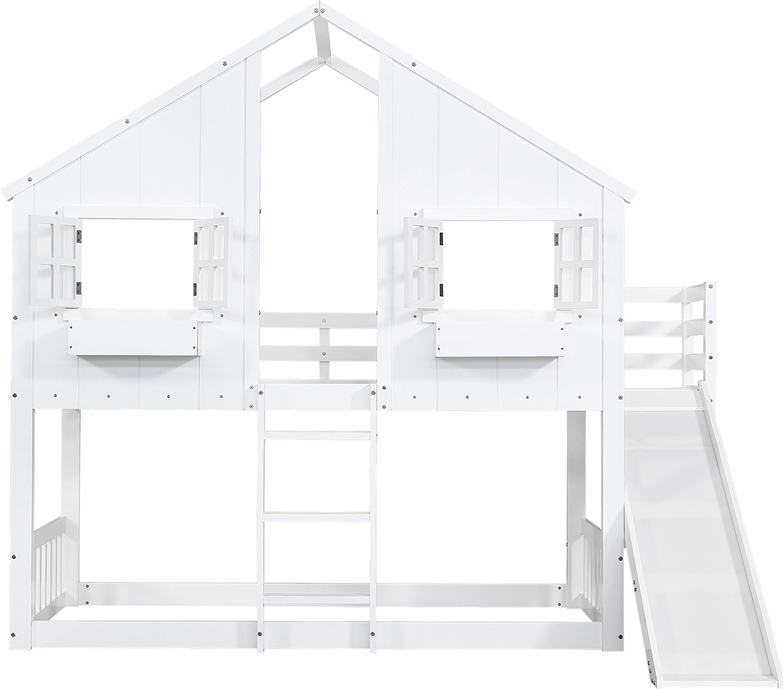 Etagenbett mit Kinderrutsche Dach und Fenster Fallschutzgitter Dreistufiger Leiter Kinderbett Hausbett Jugendbett 90x200cm Weiß