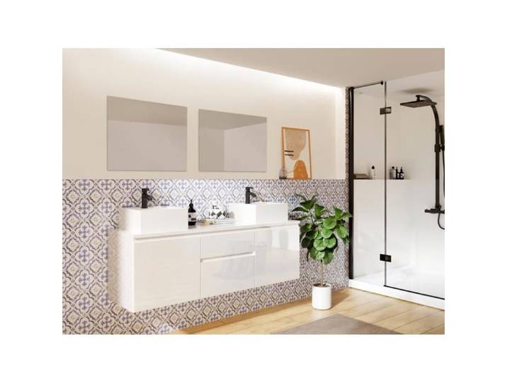 Meuble de salle de bain suspendu avec double vasque et miroirs - Blanc - 150 cm - JIMENA II