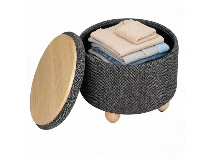 SENVIRO Tabouret rond de rangement 39 x 39 x 33 cm en lin gris fonce avec plateau reversible aspect bois