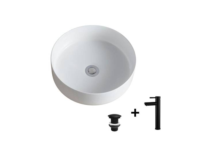 Vasque à poser ronde 36x36cm + robinet + bonde