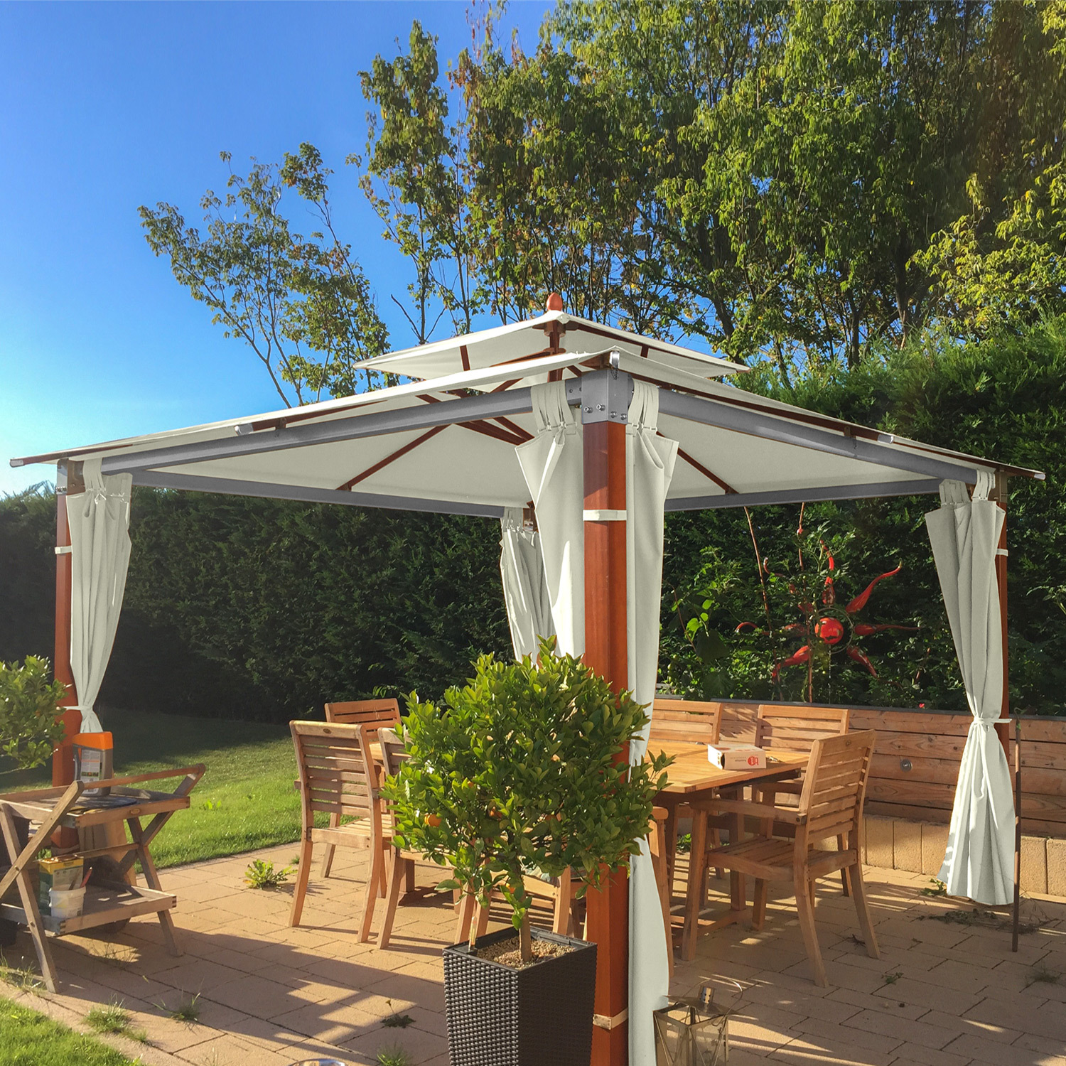 anndora Gartenpavillon aus Holz - Pavillon 3,6x3,6m - Natural - Winddach - UV-Schutz - mit Seitenwänden