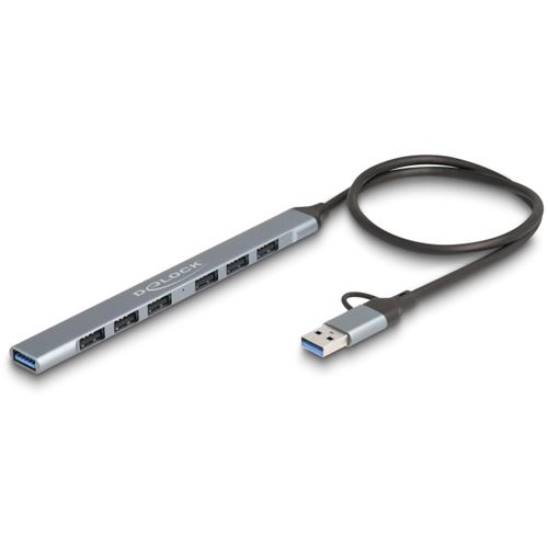 Delock 7 Port Slim USB Hub mit USB Type-C oder USB Typ-A zu 1 x USB 5 Gbps Typ-A + 6 x USB 2.0 Typ-A