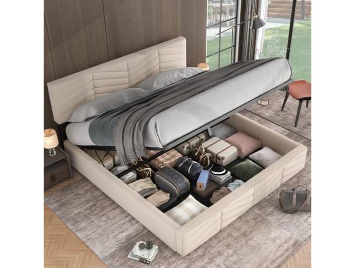 Doppelbett 180x200cm Samt Polsterbett mit Ohrenform Kissenkopfteil, Beige Hydraulisches Funktionsbett mit Bettkasten, Modernes Bettgestell, Ohne Matratze