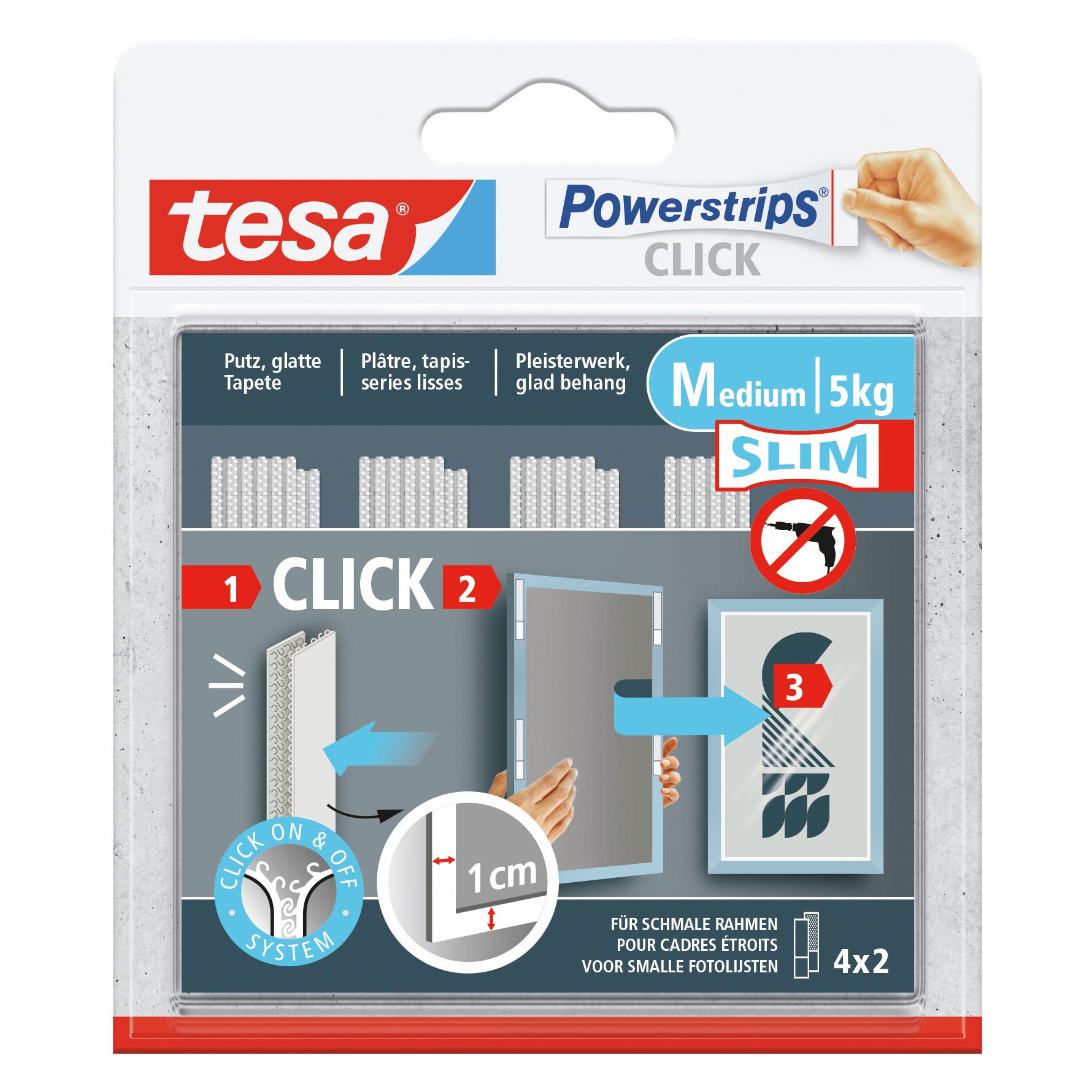 tesa Powerstrips CLICK - Klett-Klebepads - Bilder aufhängen ohne Bohren -Slim - 4 x 2 Stück (20 mm, 5 kg) (77721-00030-00)