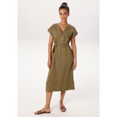 Tunikakleid ANISTON CASUAL, Damen, Gr. 42, N-Gr, Kurzarm, Web, grün (khaki), Web, Obermaterial: 100% Lyocell, bestickt, unifarben, lässig geschnitten kniebedeckend, V-Ausschnitt, Kleider, mit aufwändig besticktem Vorderteil