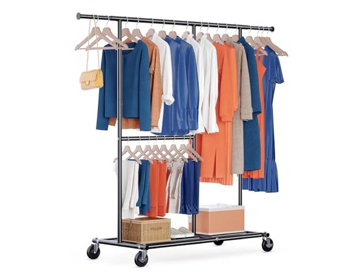 HOKEEPER Robuste Doppel-Kleiderstange mit Rollen, 209 kg Kapazität, verstellbare Höhe und ausziehbare Stange, mobiler Kleiderschrank für Schlafzimmer, Boutique, Schwarz