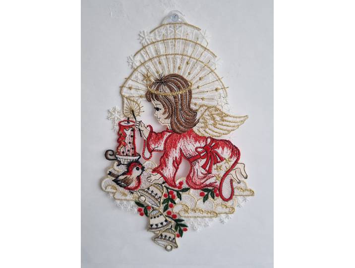 Fensterbild STICKEREIEN PLAUEN Fensterbild Engel mit Kerze , bunt, Polyester, Fensterbilder, Fensterbild, echte Plauener Stickerei