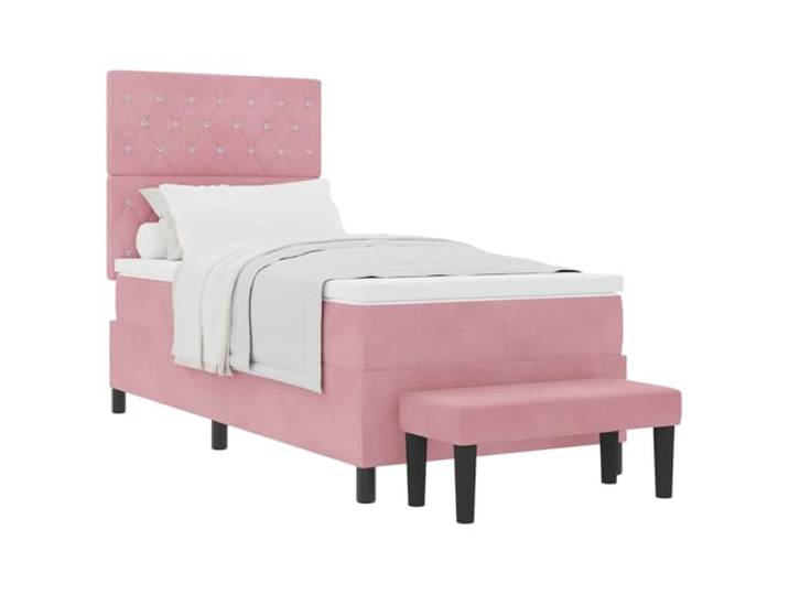 KTHLBRH Boxspringbett mit Kopfteil aus Samt, Rosa, 200 x 100 cm Kopfteil aus rosafarbenem Samt, Holzrahmen, mittelfeste Schaumstoff-Matratze, modernes Design, einfach