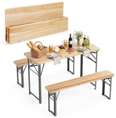 Costway 3-Piece Folding Picnic Table with Benches Fir Wood Portable Bear Camping SET-Natural