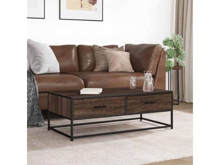 KTHLBRH Couchtisch Eiche braun 100 x 50 x 35 cm Spanplatte Metall Stabiles Metallgestell, großer Stauraum, robuste Getränkeplatte, Industrie-Stil
