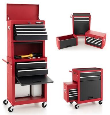 Costway 6-Drawer Tool Chest with Heightening Cabinet-Black & Red
