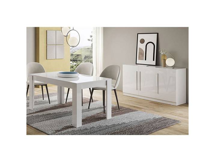 CLARK - Ensemble Séjour Laqué Blanc Table 190cm + Buffet 3 Portes