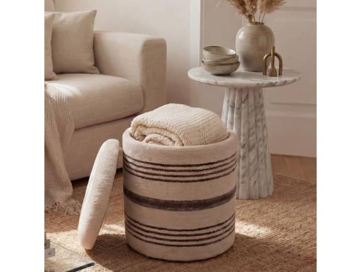 möbelando freiraum Polsterhocker mit Stauraum, Ø 40 x 45 cm, Sitzhocker aus 100% Wolle, rund, Beige/Braun, Fußhocker mit abnehmbarem Deckel