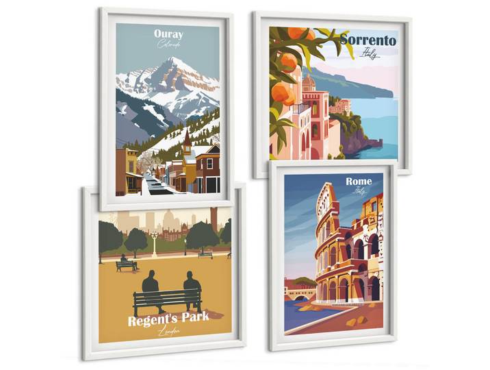 Tulup Bilder SET 4er Set - 50x50 cm & 40x60 cm Weißer Rahmen - Retro-Illustrationen berühmter Orte, Kunststoff, Rechteckig, 50x50 cm, einfache und schnelle Anbringung, Bilder & Rahmen, Bilder